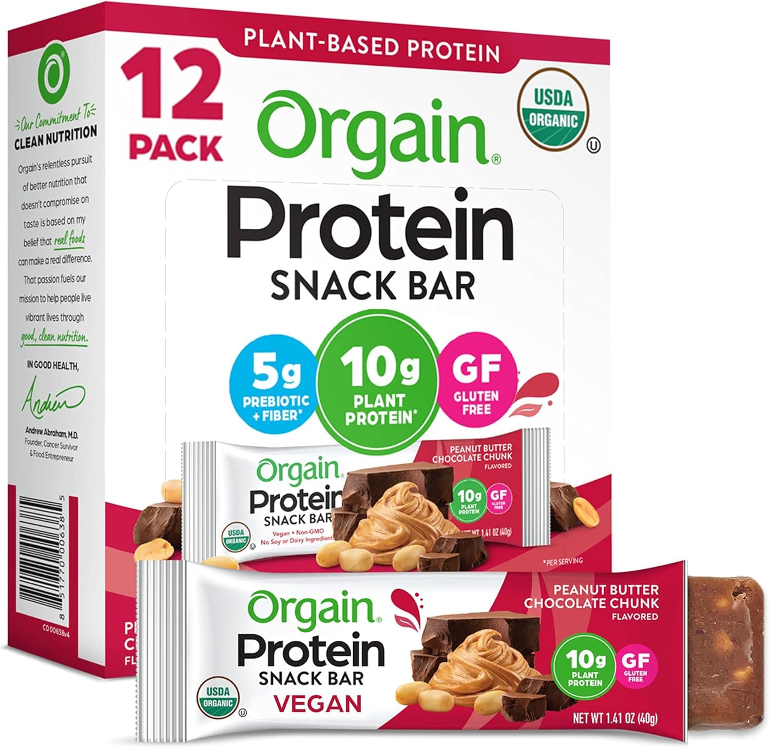 Orgain Organic Vegan Protein Bars Peanut Butter Chocolate Chunk